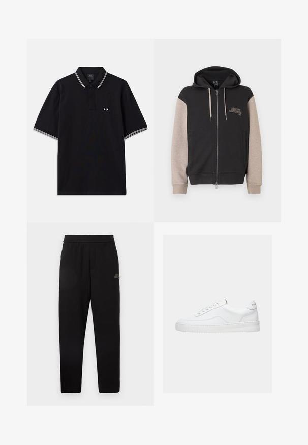 Sweat à capuche zippé avec corps noir et manches beige. Le matériau est doux avec une texture lisse. Logo de la marque sur la poitrine en couleur contrastante.; Polo noir en coton, doté d'un col à deux boutons, avec des accents rayés blancs sur les manches et un logo sur la poitrine.; Pantalons de survêtement noirs ajustés avec taille élastique et petit logo imprimé sur la cuisse supérieure gauche.; Baskets basses blanches avec un design à lacets, dessus en cuir lisse et semelle épaisse, montrées de profil sur un fond uni.
