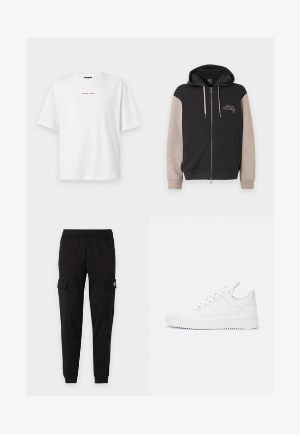 Hættetrøje med lynlås og sort krop samt beige ærmer. Materialet er blødt med en glat tekstur. Brandlogo på brystet i kontrastfarve.; Hvid kortærmet t-shirt med rund hals og lille rød "MICHAEL KORS" tekst centreret på brystet.; Sorte cargobukser med elastisk talje, to sidelommer og logodetaljer på venstre side. Glat tekstur, der bliver smallere ved anklerne.; Hvid lav sneaker med snørelukning, syninger, trækkehank på hælen og rillede sål på ensartet lyst baggrund.