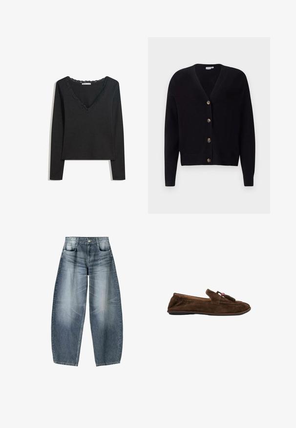 VILA VIRIL V-NECK KNIT CARDIGAN - NOOS - Vest - black; Zwarte lange mouwen top van zachte stof. Heeft een diepe V-hals met een golvende kantafwerking en een aansluitende silhoeet. Geen zichtbare patronen.; Wijd gesneden jeans van lichtblauwe denim met vervaging, met een vijf-pocket ontwerp, knoopsluiting en minimale stikdetails.; Bruine suède loafer met kwastjes en een roze kraal bovenop, met een platte zwarte zool en een lage hak aan de achterkant.