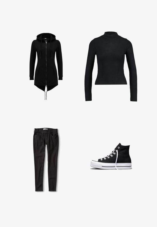 Sort lang hættetrøjejakke med fuld frontlynlås, snøretrækshætte, kengurulommer, lange ærmer og asymmetrisk kant med forlænget ryg.; Sort langærmet turtleneck top lavet af ribbet stof, med en tætsiddende design og slank silhuet. Ingen mønstre eller detaljer.; Sorte denim jeans med lige pasform, der har en standard livkant, bæltestropper og to forlommer. Glat tekstur, minimal hardware.; Sort high-top canvas sneaker med hvid gummisål og hvide snørebånd, vist fra siden mod en hvid baggrund.