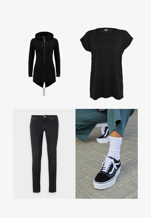 Sort lang hættetrøjejakke med fuld frontlynlås, snøretrækshætte, kengurulommer, lange ærmer og asymmetrisk kant med forlænget ryg.; Sort bomulds t-shirt med korte ærmer, rund halsudskæring og en afslappet pasform. Har en label på kraven. Glat tekstur og simpelt design.; Sorte slim-fit jeans med femlommerdesign, knaplukning og bæltestropper, ligger fladt på en ensfarvet hvid baggrund.; Sorte ruskinds sneakers med hvide accenter og snørebånd, der har en tyk hvid sål og kontrasterende syninger, parret med en hvid sok.