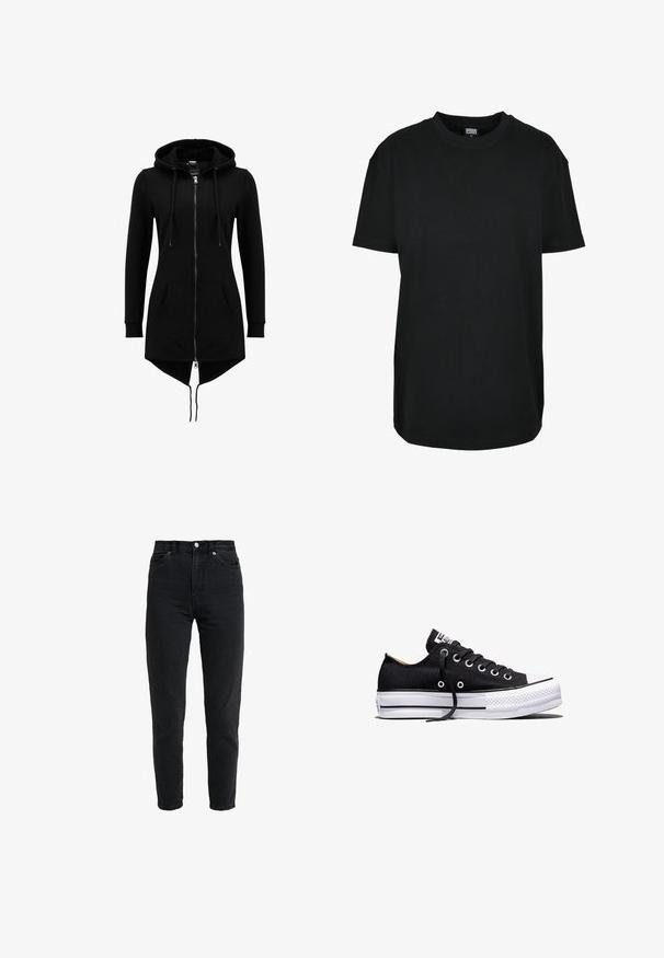 Sort lang hættetrøjejakke med fuld frontlynlås, snøretrækshætte, kengurulommer, lange ærmer og asymmetrisk kant med forlænget ryg.; Sort kortærmet T-shirt med rund hals i størrelse XS med "Urban Classics" mærke inde i kraven.; High-waist sort denim jeans med forreste knap og lynlås, to forlommer og en tilspidset ben foran på en hvid baggrund.; Sort lavt sneakers i lærred med hvid sål i gummi, sorte snørebånd og metaløjer på hvid baggrund.