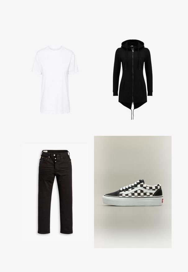 Veste à capuche longue noire avec fermeture éclair complète à l’avant, capuche avec cordon, poches kangourou, manches longues et ourlet asymétrique avec dos allongé.; T-shirt en coton blanc avec des manches courtes, un col rond et une coupe décontractée, offrant une texture lisse et sans motifs visibles.; Jean noir à jambe droite avec fermeture à boutons, poches avant et arrière, et détails en rivets cuivrés sur fond blanc.; Baskets basses classiques à motif damier noir et blanc avec lacets blancs et semelle épaisse blanche sur fond neutre.