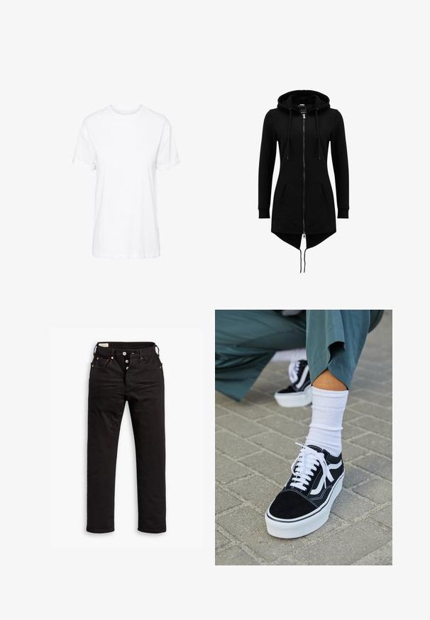 Schwarze lange Hoodie-Jacke mit durchgehendem Frontreißverschluss, Kordelzugkapuze, Kängurutaschen, langen Ärmeln und asymmetrischem Saum mit verlängertem Rücken.; Weißes Baumwoll-T-Shirt mit kurzen Ärmeln, Rundhalsausschnitt und legerem Schnitt, mit glatter Textur und ohne sichtbare Muster.; Schwarze Straight-Leg-Jeans mit Knopfverschluss, Vorder- und Gesäßtaschen sowie Kupfennieten auf einem weißen Hintergrund.; Schwarze Wildledersneaker mit weißen Akzenten und Schnürsenkeln, ausgestattet mit einer dicken weißen Sohle und kontrastierenden Nähten, kombiniert mit einer weißen Socke.
