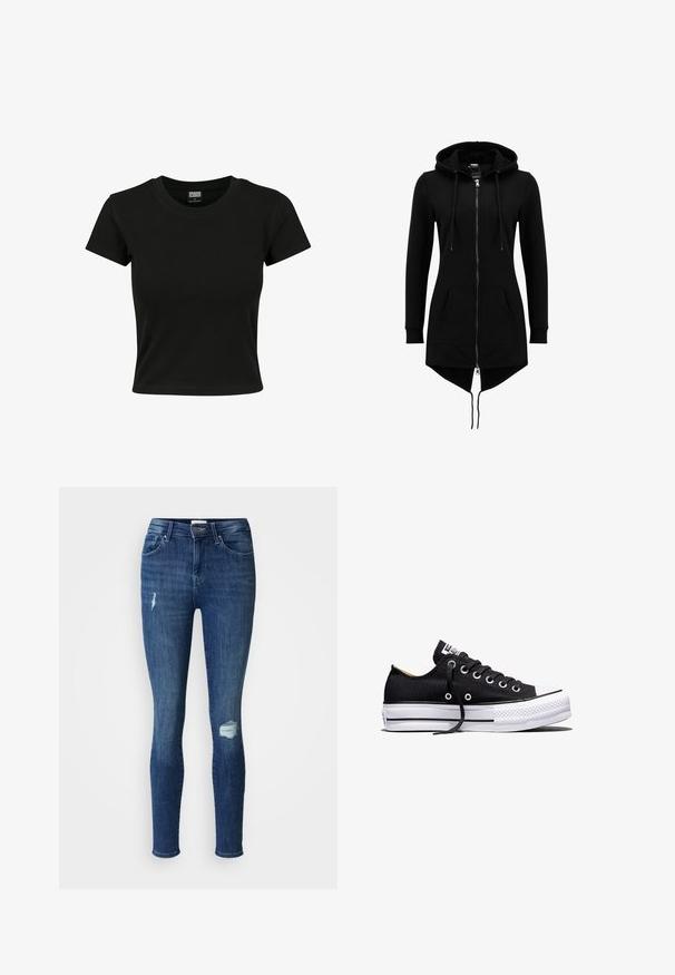 Zwarte lange hoodiejas met volledige frontrits, capuchon met trekkoord, kangoeroezakken, lange mouwen en asymmetrische zoom met verlengde achterkant.; Zwarte kortekorte mouw t-shirt van gladde katoenen stof, met een ronde halslijn en een getailleerde pasvorm. Geen zichtbare patronen of accenten.; Skinny-fit jeans van donkerblauwe denim met versleten patches op de knieën. Voorzien van een knoop- en ritsluiting en vijf zakken.; Zwarte lage canvas sneaker met witte rubberen plateauzool, zwarte veters en metalen oogjes op een witte achtergrond.