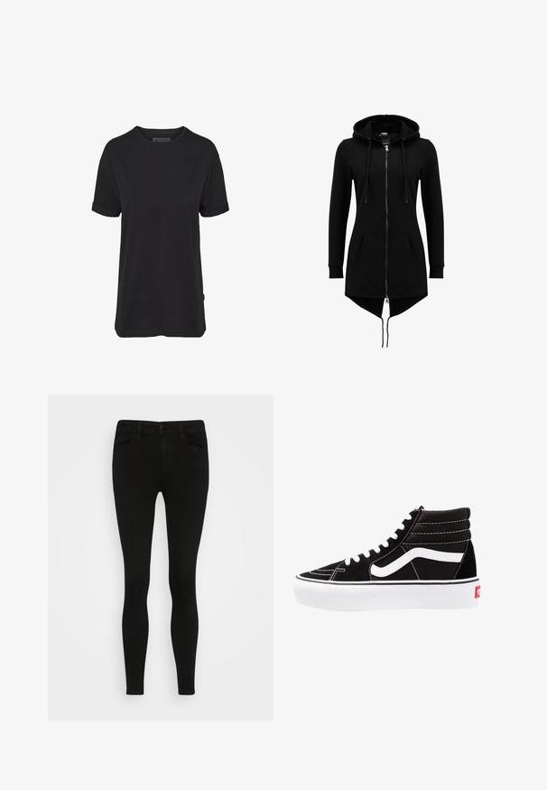 Sort lang hættetrøjejakke med fuld frontlynlås, snøretrækshætte, kengurulommer, lange ærmer og asymmetrisk kant med forlænget ryg.; Sort bomulds T-shirt med korte ærmer, rund halsudskæring og oprullede manchetter; har et diskret mærketræk på sidekanten.; Svarte skinny jeans med en glat denimtekstur, fem lommer, knaplukning foran og bæltesløjfer. Tæt siddende design hele vejen igennem.; Sorte høj-top sneakers med hvide snørebånd, et hvidt logo og kontrasterende hvid syning. Har en tyk hvid sål og struktureret ruskindsoverdel.