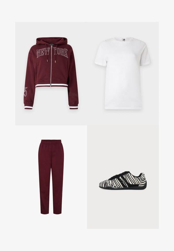 Bordeauxrode cropped hoodie met ritssluiting, met witte tekst "NEW YORK" over de borst, nummer 5 op de linkermouw en witte strepen op boorden en zoom.; Effen wit katoenen T-shirt met korte mouwen en een ronde hals, voorzien van een klein subtiel logo vlak bij de borst en een label bij de kraag.; Bordeaux sweatpants van zacht materiaal, met een elastische tailleband en taps toelopende pijpen. Geen zichtbare patronen of hardware-details.; Zwart-witte vetersneaker met zebraprint en een gestructureerde zwarte zool op een egale lichte achtergrond.