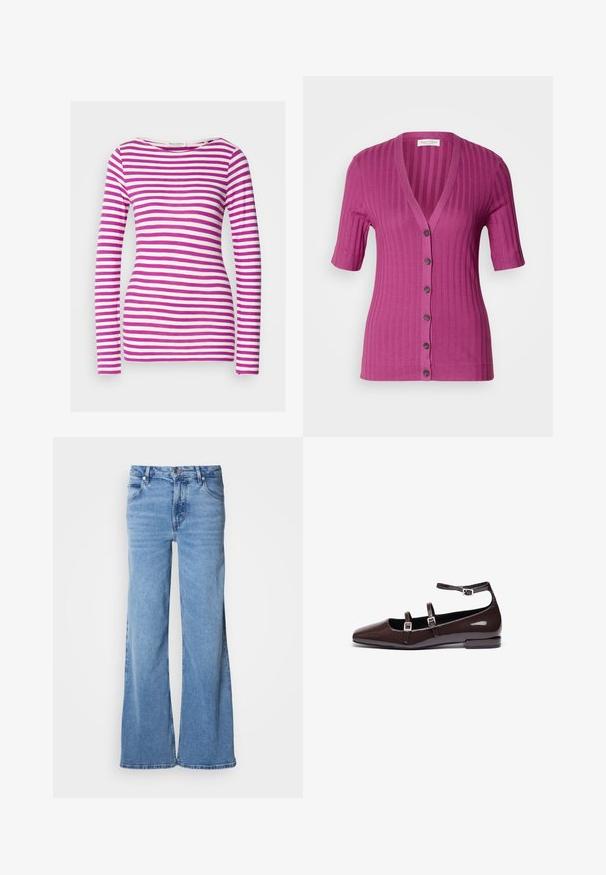 Ribbet, kortærmet cardigan i livlig magenta, med dyb V-hals, seks knaplukninger og kontrastbrune knapper.; Langærmet T-shirt med en tætsiddende pasform, lavet af blødt bomuld. Har vandrette lyserøde og hvide striber samt en bred rund halsudskæring.; Lyseblå jeans med vid ben lavet af denim. Har et klassisk fem-lomme-design og synlig knaplukning. Blød tekstur og enkel finish.; Brune patentlæder flade sko med spids tå, der har to justerbare stropper og sølvspænder samt en lav, firkantet hæl.