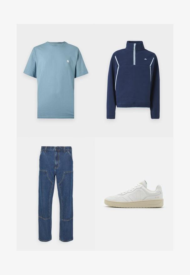 Sudadera polar azul marino con cuello de media cremallera, con detalles en azul claro y un pequeño logo en el pecho. Textura suave, diseño casual.; Camiseta azul claro de manga corta con cuello redondo y un pequeño logo blanco en el pecho izquierdo, mostrada sobre un fondo liso.; Jeans de mezclilla azul con pierna recta, bolsillos frontales tipo parche y costuras en contraste. La tela tiene una textura y un acabado clásicos.; Zapatillas blancas de cuero con un acabado texturizado y cuello acolchado. Cuentan con una suela de goma beige y un sutil logotipo en el talón y el lado.