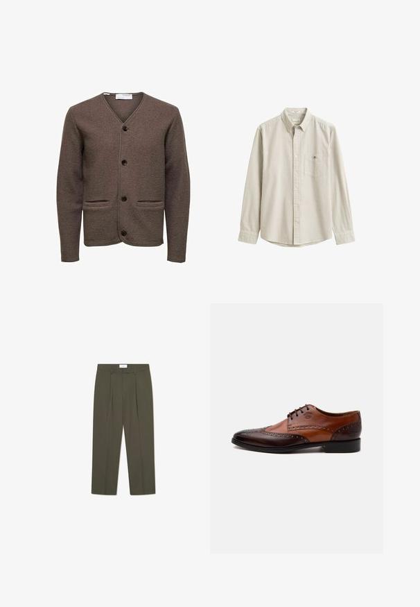 Selected Wool - Vest - morel; Beige-wit verticaal gestreept overhemd met lange mouwen, kraag en borstzak, plat neergelegd zonder persoon.; Olijfgroene broek met verticale krijtstrepen, voorzien van een op maat gemaakte taille, plooien en een rechte pijp. Gladde textuur.; Tweekleurige bruine leren herendressschoen met brogue-details en vetersluiting, zijaanzicht op een witte achtergrond.