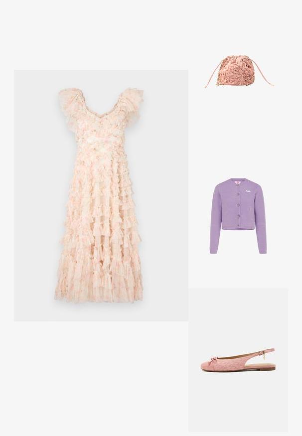 Lila gebreid cropped vest met lange mouwen, ronde hals, knopen aan de voorkant en een klein wit strikdetail op de borst.; Needle & Thread DITSY LOLA BACKLESS BALLERINA DRESS - Cocktailjurk - moonshine pink; Roze platte slingback schoen met gestructureerde stof, strik op de afgeronde neus, enkelriem met gouden gesp en bedel, en lage bruine zool.; Roze tasje met trekkoord, met getextureerde bloemapplicaties en gouden kettingaccenten op een witte achtergrond.