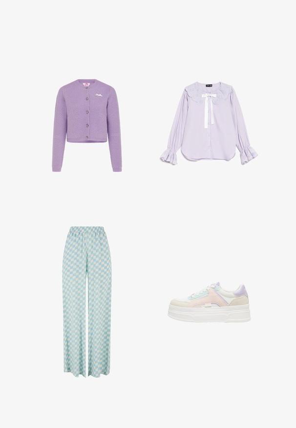 Cardigan court en maille lilas avec manches longues, encolure ronde, boutons sur le devant et petit nœud blanc sur la poitrine.; Blouse à manches longues en lavande avec col en dentelle festonné, nœud en ruban blanc, fermeture boutonnée sur le devant et poignets en dentelle à volants.; Pantalons larges bleu clair présentant un motif à carreaux dans des teintes alternées, avec une taille élastique pour le confort.; Baskets basses avec base blanche, superpositions de tissu rose pastel, violet et bleu clair, lacets blancs.