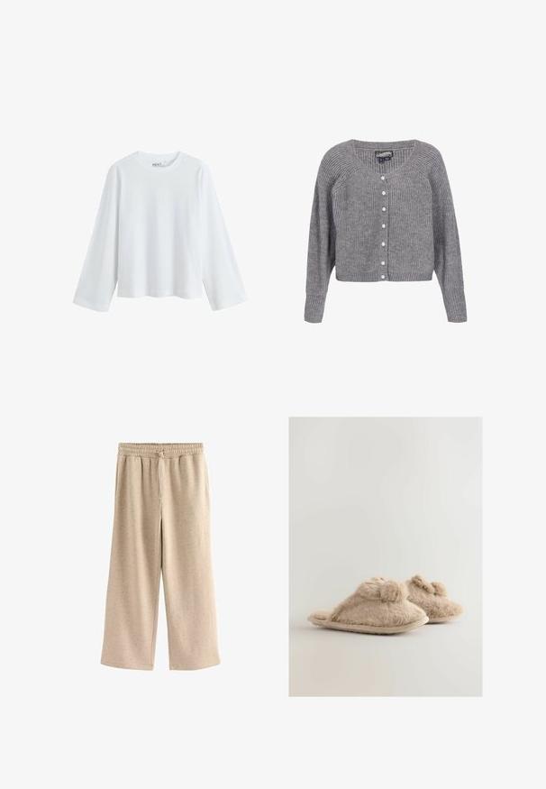 Cardigan gris côtelé à manches longues, avec un décolleté en V et une fermeture à boutons dotée de boutons ronds et blancs. Texture douce avec un ourlet ajusté.; T-shirt blanc à manches longues en coton doux, avec un col rond et un design à épaule tombante, offrant une coupe décontractée et sans motifs visibles.; Pantalons larges beiges en tissu doux, dotés d'une taille élastique avec cordon de serrage et d'une texture subtilement mouchetée sur l'ensemble.; Des pantoufles en fourrure beige avec une texture douce, un design ouvert à l'avant, des accents de pompons sur le devant, et une semelle de couleur neutre.
