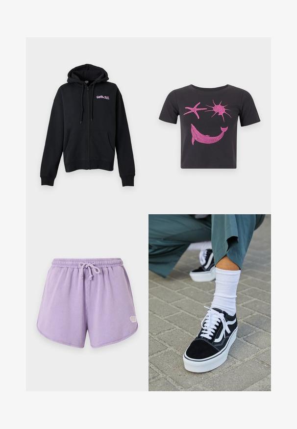 Sweat à capuche zippé noir avec poches avant et capuche, avec petit texte rose « Santa Cruz » sur la poitrine gauche.; Crop top noir à manches courtes avec un graphisme rose représentant un dauphin, une étoile de mer et un soleil sur le devant, sur un fond uni.; Shorts en éponge lilas doux avec taille élastique et cordon de serrage, ourlet arrondi, et petit logo blanc sur le côté inférieur droit.; Baskets en suède noir avec des accents et des lacets blancs, présentant une épaisse semelle blanche et des coutures contrastantes, associées à une chaussette blanche.