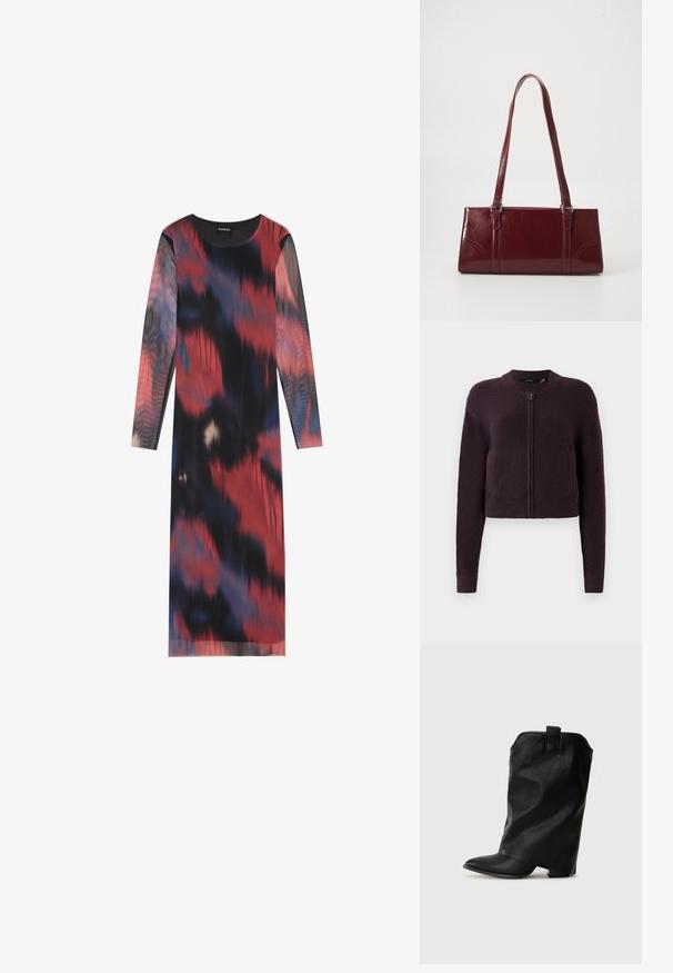 Cardigan en maille cropped violet foncé avec zip frontal, manches longues, poignets et ourlet côtelés, et col rond, présenté sur fond blanc.; Robe à manches longues avec un motif abstrait multicolore en rouge, noir et bleu. Tissu lisse avec un col rond et une coupe droite.; Bottine en cuir noir avec un bout pointu, une silhouette drapée et un petit talon bloc. Dotée d'une petite boucle à l'arrière pour un enfilage facile.; Sac à main bordeaux en matériau brillant, de forme rectangulaire, avec deux anses et des accents légèrement courbés à l'avant.