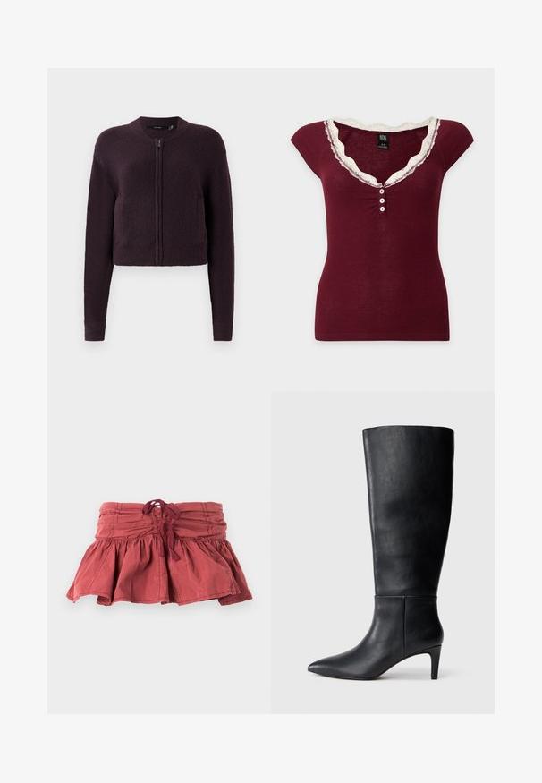 Mørk lilla cropped strikket cardigan med lynlås foran, lange ærmer, ribbede manchetter, kant og rund halsudskæring, vist på hvid baggrund.; Kortærmet ribbet burgunder top med hvid blonder trim rundt om V-hals og tre hvide knapper foran i midten.; Rød mini nederdel med samlede kanter og en bindebånd i taljen, med en udvidet design og tekstureret stof. Glat finish med let rynke detaljer.; Sorte knælange støvler lavet af glat læder, med spids tå og en middels høj hæl, med et enkelt og stilrent design.