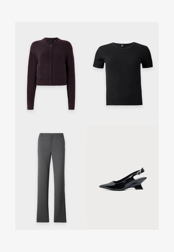 Mørk lilla cropped strikket cardigan med lynlås foran, lange ærmer, ribbede manchetter, kant og rund halsudskæring, vist på hvid baggrund.; Sort kortærmet t-shirt lavet af ribbet stof. Har en klassisk rund hals og en tætsiddende silhuet. Ingen yderligere accenter.; Grå bukser med en lige ben-design. Fremstillet af et struktureret stof, med flad front og bæltesløjfer. Ingen synlige mønstre eller hårdvarer.; Sort laklæder slingback sko med spids tå og lav vinklet blokhæl på ensartet lys baggrund.