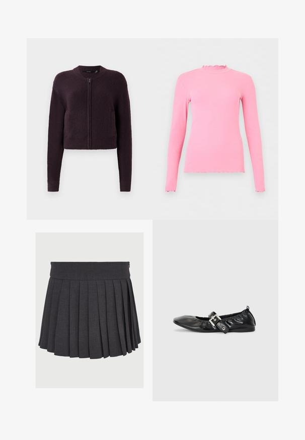 Mørk lilla cropped strikket cardigan med lynlås foran, lange ærmer, ribbede manchetter, kant og rund halsudskæring, vist på hvid baggrund.; Pink langærmet ribbet top med flæsekant på krave, manchetter og kant, vist mod en ensartet lys baggrund.; Grå plisseret nederdel med flad talje og lynlås, lavet af et struktureret stof med jævnt fordelte dybe plisseringer.; Sorte læder flade sko med spids tå, samling detaljer omkring åbningen, og en sølv spænde accent på den justerbare rem.