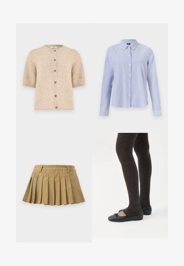 Beige kortærmet cardigan med rund hals og seks marmorerede knapper foran, lavet af blødt strikstof.; Langærmet skjorte med knapper med hvide og lyseblå lodrette striber og en spids krave vist på en ensfarvet baggrund.; Plisseret nederdel i sandfarvet stof med en tætsiddende talje, flere plisseringer og en lige nederste kant. Ingen synlige lukninger eller detaljer.; Ben iført mørke ribbede leggings kombineret med sorte balletsko med små sløjfedetaljer på hvid baggrund.