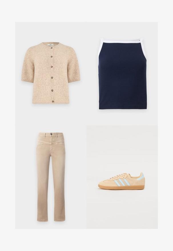 Cárdigan de manga corta beige con cuello redondo y seis botones marmoleados en la parte delantera, hecho de tela de punto suave.; Top de tirantes acanalado en color navy con ribetes blancos, presentando un escote redondeado y tirantes delgados. Fabricado con una suave mezcla de algodón para mayor comodidad.; Vaqueros rectos beige hechos de tela suave, con un cierre de botón en la parte delantera, dos bolsillos delanteros y detalles de costura sutiles.; Las zapatillas de punto melocotón presentan tres rayas azul claro, punta redondeada, parte superior texturizada y una suela de goma marrón. No hay adornos adicionales.