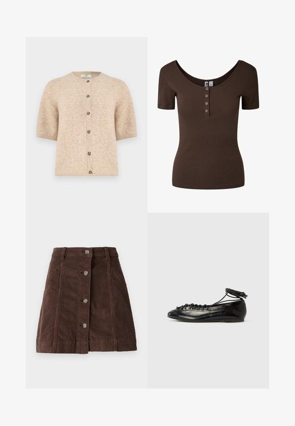 Beige Kurzarm-Cardigan mit Rundhalsausschnitt und sechs marmorierten Knöpfen an der Vorderseite, aus weichem Strickstoff gefertigt.; Kurzärmeliges, geripptes, dunkelbraunes, figurbetontes Top mit Rundhalsausschnitt und vier Metallschnappknöpfen an der vorderen Knopfleiste.; Brauner Cord-Rock im A-Linien-Schnitt mit vorderem Knopfverschluss und Seitentaschen, mit Gürtelschlaufen und vertikalen Nahtdetails.; Schwarze Ballerinas aus Lackleder mit runder Spitze, Schnürdesign und flacher Sohle. Glatte Textur mit minimaler Verzierung.