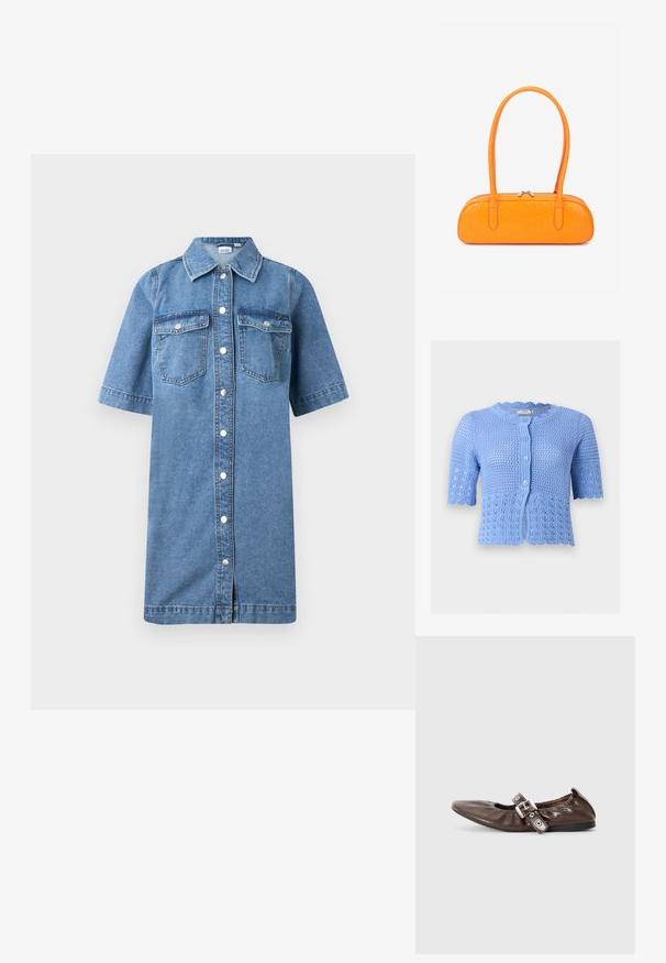 Lyseblå kortærmet hæklet cardigan med bølget kant og knapper foran, med indviklede åbne strikkemønstre.; Denim skjortekjole, lyseblå farve, korte ærmer, knaplukning foran, to brystlommer, lige snit og let flaret kant.; Brun lakeret flad sko med spids tå, elastisk sløjfedetalje og en sølvspændeaccent på siden. Sort gummisål.; Lille lys orange håndtaske med lange hanke, lynlås lukning og tekstureret overflade på hvid baggrund.