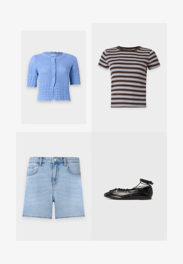 Cardigan court en crochet bleu clair à manches courtes avec bords festonnés et boutons devant, présentant des motifs ajourés complexes.; T-shirt court à manches courtes rayé horizontalement marron et blanc avec un col rond sur fond uni.; Short en jean bleu clair avec bouton à l'avant, fermeture éclair, passants de ceinture et design cinq poches sur un fond uni.; Ballerines en cuir verni noir avec un bout rond, un design à lacets et une semelle plate. Texture lisse avec peu de détails.