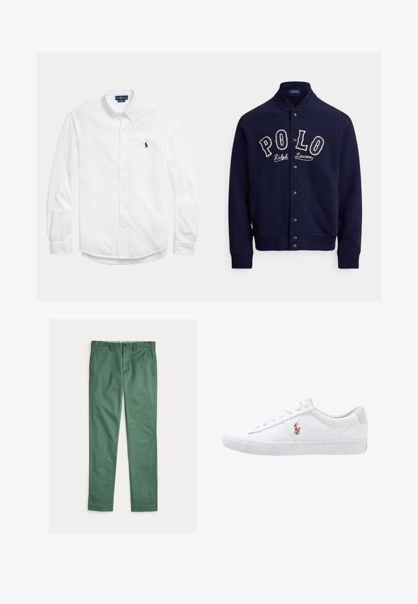 Donkerblauwe sweatvest in een zachte stof, met een opstaande kraag, knopen aan de voorkant en een contrasterend wit geborduurd "POLO"-logo.; Wit overhemd met lange mouwen, knopen, button-down kraag en klein donker Polo Ralph Lauren-logo op de linkerborst.; Groene rechte herenbroek met voorzakken, riemlussen en knoopsluiting, plat uitgespreid op een witte achtergrond.; Witte canvas sneakers met een laag ontwerp, featuring een beige hieltab en een klein geborduurd logo aan de zijkant. Rubber zool.