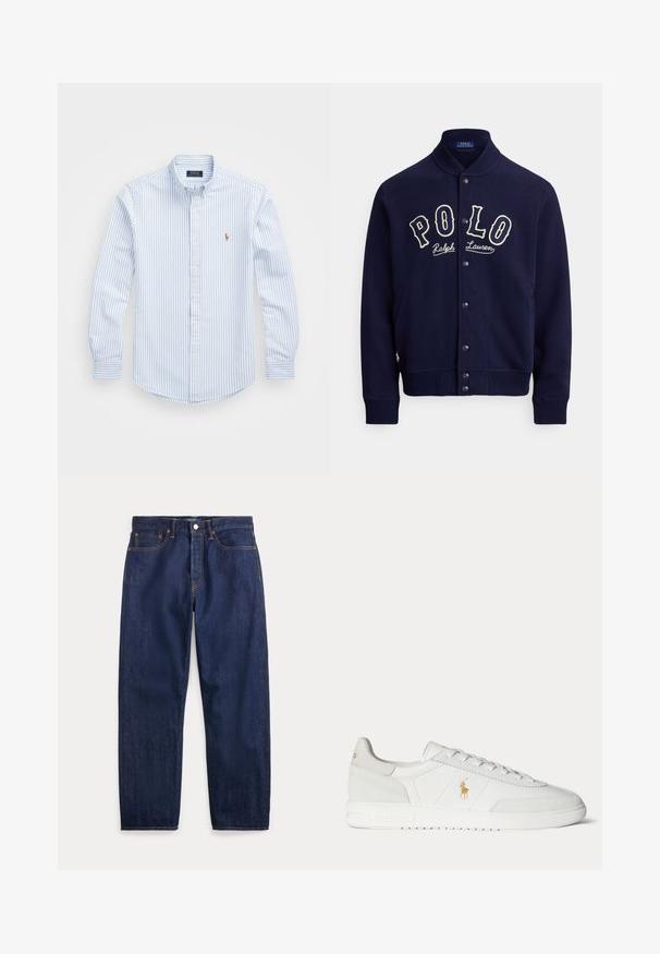 Donkerblauwe sweatvest in een zachte stof, met een opstaande kraag, knopen aan de voorkant en een contrasterend wit geborduurd "POLO"-logo.; Lichtblauw en wit gestreept overhemd met knopen, een kraag, lange mouwen en een klein geborduurd logo op de borst. Katoenen materiaal.; Donkerblauwe denim jeans met rechte pijpen, vijf zakken, knoopsluiting en zichtbare stiksels.; Witte lage sneaker met vetersluiting, gouden Polo Ralph Lauren-logo aan de zijkant en een gestructureerde zool op een effen achtergrond.