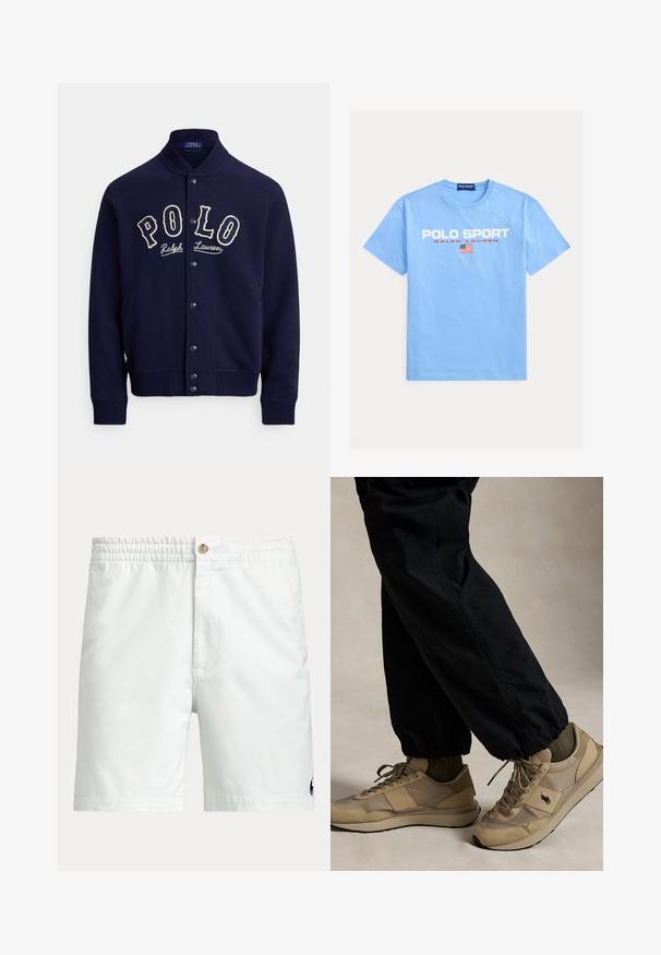 Tmavomodrá mikina zo savého materiálu, s stojatým golierom, prednými gombíkmi a kontrastným bielym vyšitým logom "POLO".; Svetlomodré bavlnené tričko s krátkymi rukávmi, okrúhlym výstrihom a bielym a červeným grafickým logom "POLO SPORT" a detailom vlajky na hrudi.; Biele pánske šortky s elastickým pásom, zapínaním na gombík, bočnými vreckami a malým tmavým logom blízko spodného lemu na jednej nohe.; Osoba, ktorá má na sebe béžové tenisky na šnurovanie s čiernym logom, olivovo zelené ponožky a čierne nohavice s elastickými manžetami, stojaca na neutrálnej podlahe.