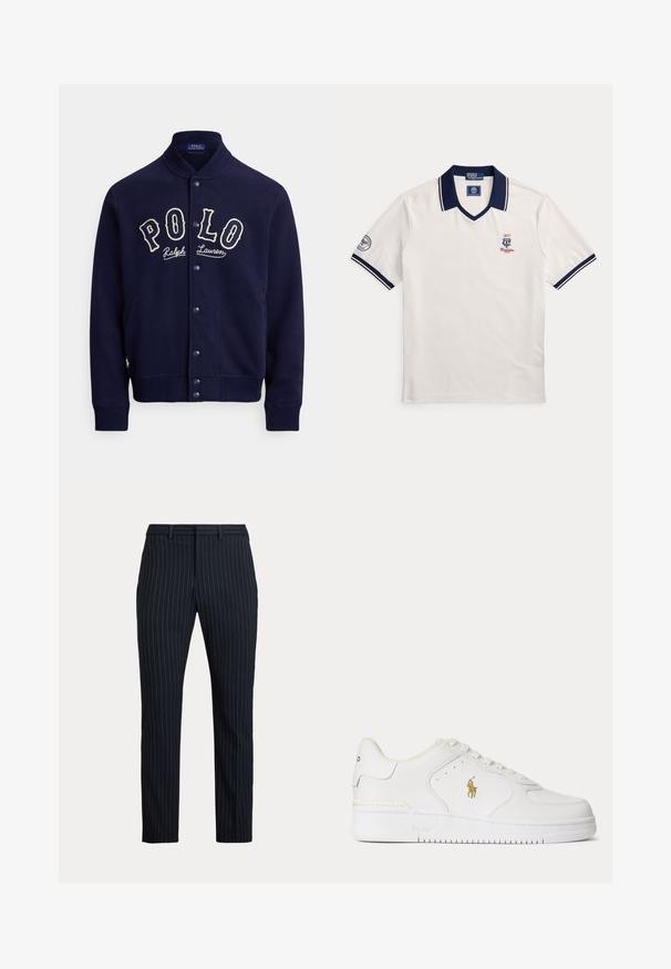Donkerblauwe sweatvest in een zachte stof, met een opstaande kraag, knopen aan de voorkant en een contrasterend wit geborduurd "POLO"-logo.; Witte poloshirt met korte mouwen, marineblauwe kraag en mouwboord, Wimbledon-logo op de borst en rond embleem op linkermouw.; Zwarte herenkostuumbroek met dunne witte verticale krijtstrepen, riemlussen en een rechte pijp.; Witte lage leren sneaker met witte veters en een gouden Polo Ralph Lauren-logo aan de zijkant en "Polo" in de zool gegraveerd.