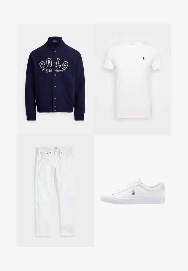 Chaqueta sudadera azul marino de tejido suave, con cuello alto, botones delanteros y logo "POLO" bordado en blanco contrastante.; Camiseta de algodón blanca con cuello redondo. Presenta un pequeño logo azul oscuro en el lado izquierdo del pecho. Mangas cortas, textura suave.; Vaqueros blancos de corte ajustado con cinco bolsillos, cierre de botones y trabillas para cinturón, extendidos sobre un fondo liso y claro.; Zapatilla de lona blanca con diseño de corte bajo, que cuenta con un taco trasero beige y un pequeño logo bordado en el costado. Suela de goma.