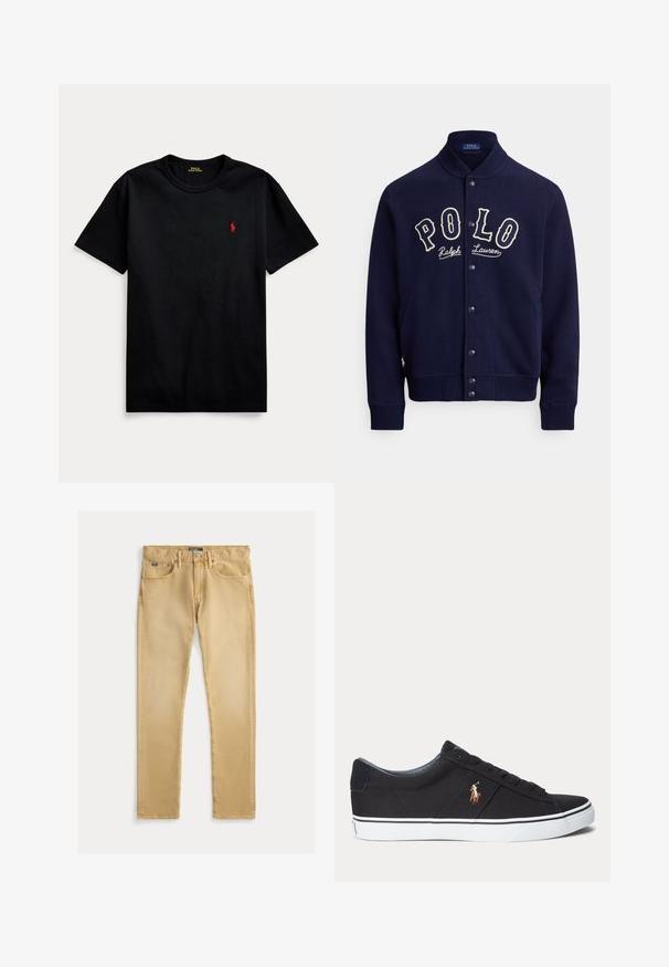 Marineblaue Sweatshirtjacke aus einem weichen Stoff, mit Stehkragen, Frontknöpfen und kontrastierendem weißen, besticktem "POLO"-Logo.; Schwarzes Baumwoll-T-Shirt mit kurzen Ärmeln, Rundhalsausschnitt und kleinem roten gestickten Logo auf der linken Brust. Glatte Textur, lässiges Design.; Beige Baumwolljeans mit schlanker Passform, fünf Taschen-Design und sichtbaren Nähten. Verfügt über einen Metallknopf und ein Etikett am Bund.; Schwarzer Sneaker mit niedrigem Schaft, weißer Gummisohle und gesticktem braunen Pferdelogo an der Seite.