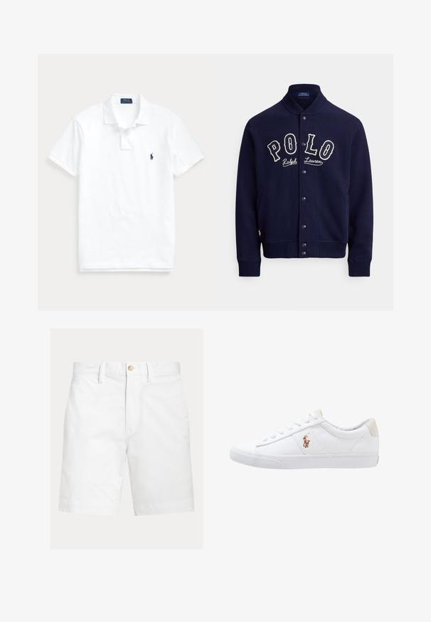 Mørkeblå sweatshirtjakke i et blødt stof med opretstående krave, frontknapper og kontrasterende hvidt broderet "POLO"-logo.; Hvid polo t-shirt med korte ærmer, krave, to-knaps lukning og lille mørkeblå logo på venstre bryst.; Hvide shorts til knæet med bæltestropper og en brun knaplukning i taljen, vist på en ensfarvet baggrund.; Hvide kanvas sneakers med lågtop design, prydet med en beige hælkappe og et lille broderet logo på siden. Gummisål.