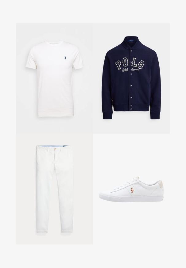 Donkerblauwe sweatvest in een zachte stof, met een opstaande kraag, knopen aan de voorkant en een contrasterend wit geborduurd "POLO"-logo.; Witte katoenen t-shirt met een ronde hals. Heeft een klein donkerblauw logo op de linkerborst. Korte mouwen, soepele textuur.; Witte katoenen chino's met een slim fit, voorzien van een enkele gouden knoopsluiting en een lichtblauwe binnenband. Gladde textuur zonder patronen.; Witte canvas sneakers met een laag ontwerp, featuring een beige hieltab en een klein geborduurd logo aan de zijkant. Rubber zool.