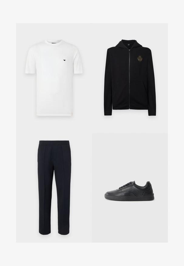 Sweat à capuche noir zippé en mélange de coton avec une poche kangourou à l'avant et une capuche. Présente un logo brodé en or sur la poitrine gauche.; T-shirt en coton blanc avec col rond et manches courtes. Présente un petit logo noir sur le côté gauche de la poitrine. Texture lisse, coupe décontractée.; Pantalon noir à jambe droite avec détail de couture avant, taille élastique et poches latérales sur un fond clair uni.; Chaussure de sport en cuir noir avec une finition lisse, bout arrondi, panneau latéral texturé et lacets noirs. Présente une semelle en caoutchouc plate et un design minimaliste.