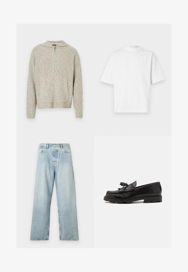 Beige ribbet striktrøje med en frontlomme, halv-zip halsudskæring og struktureret strikdesign. Har lange ærmer og en afslappet pasform.; Simpel hvid oversized T-shirt med korte ærmer og høj rund halsudskæring på en hvid baggrund.; Lyseblå højttaljede jeans med lige ben, med forreste knap, lynlås og fem-lomme design, vist på en helt hvid baggrund.; Sorte læderloafer med et mokkasindesign, der har en dekorativ frynse og kvast, tekstureret overflade og kraftig gummisål.