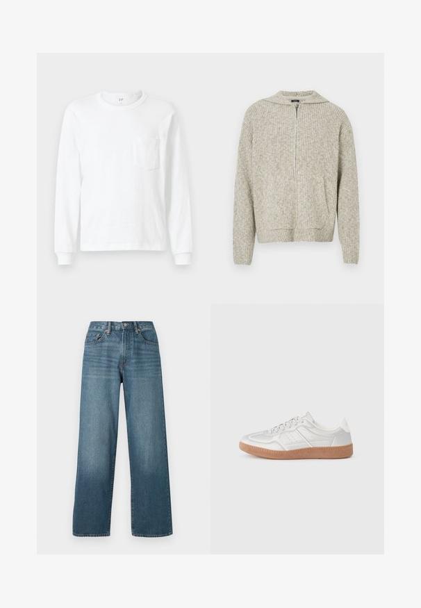 Pull en ribbed beige avec une poche frontale, col zippé mi-hauteur et design en maille texturée. Il présente des manches longues et une coupe décontractée.; T-shirt blanc à manches longues en coton. Présente un col rond et une petite poche sur la poitrine. Texture douce avec des poignets côtelés.; Jean en denim bleu foncé à pattes larges avec fermeture à bouton, passants de ceinture et texture délavée. Comprend cinq poches et des coutures contrastées.; Baskets argentées avec une texture lisse, un design à lacets, des accents perforés et une semelle en caoutchouc marron texturé.
