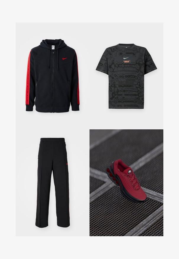 Nike sort zip-up hoodie med røde accenter på ærmerne, kengurulommer og et logo broderet i rødt på brystet.; Sort T-shirt med et tekstureret mønster, der har en lille Nike-logo i lyseblå og en rektangulær logo-patch i kontrastfarver.; Svarte sweatpants med løs pasform, der har røde detaljer og lommer på siderne. Materialet ser blødt ud med en glat tekstur.; Rød sneakers med en tekstureret overdel, der har sorte accenter og et fremtrædende design med luftcushioning sål. Snørebånd og logo er synlige ovenpå.