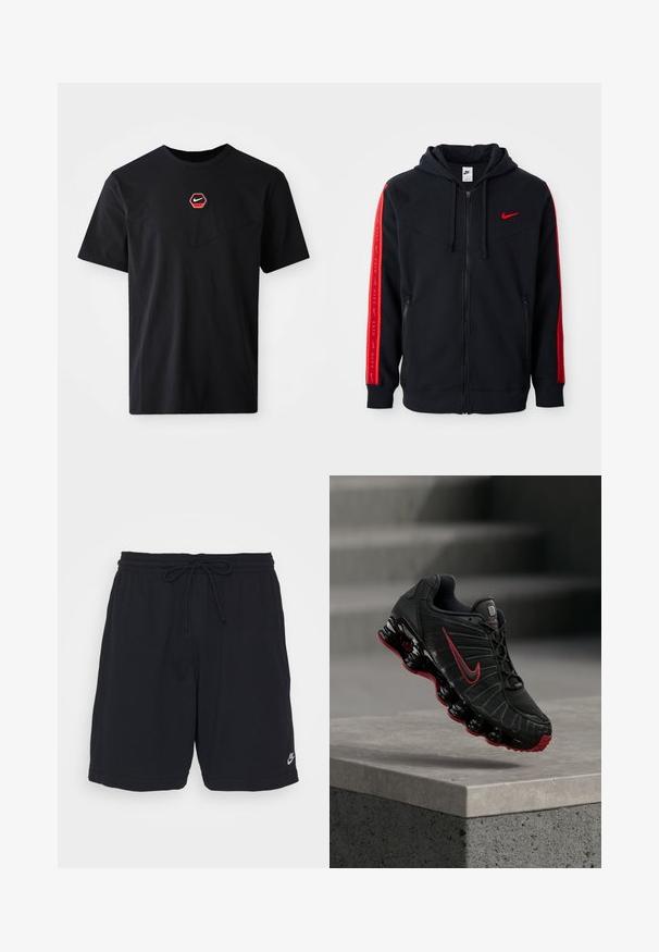 Schwarze Nike Zip-Hoodie mit roten Akzenten an den Ärmeln, Kängurutaschen und einem rot gestickten Logo auf der Brust.; Schwarzes kurzärmeliges T-Shirt aus Baumwolle mit einem sechseckigen roten und weißen Nike-Logo auf der Brust und einem abgerundeten Ausschnitt.; Schwarze Sportshorts aus weichem Stoff mit einem elastischen Bund, Kordelzug und einem kleinen aufgedruckten Logo am unteren linken Bein.; Schwarzer und roter Nike-Sportschuh mit sichtbarer federartiger Sohle, der auf der Kante einer Betonstufe balanciert.