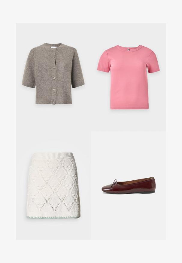 Kortærmet cardigan i let brunt strikstof, med rund halsudskæring og seks knapper foran. Blød tekstur, enkelt design.; Kortærmet lyserød ribbet T-shirt lavet af blødt stof, med rund halsudskæring og en let tætsiddende pasform.; Strikket nederdel i hvid med diamantmønster, tekstureret overflade og grønt accent ved kanten. Elastisk taljebånd for komfort.; Bordeaux patentlæder balletflad med rund tå, lille sløjfeaccent foran og en lav, sort gummisål. Glat tekstur.