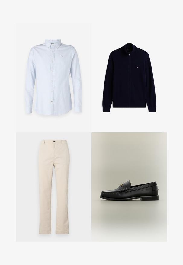 Marineblauwe trui met volledige rits, geribde kraag, manchetten en zoom, met een klein rood-wit-blauw logo op de borst.; Lichtblauw lang sleevenshirt met een button-down kraag, geweven stof, frontale knoopsluiting en klein geborduurd logo op de borst.; Lichtbeige katoenen broek met een rechte pijpdesign, voorzien van een knoopsluiting aan de voorkant, een ritssluiting en minimale stikdetails.; Zwarte leren instapschoen met lage hak, gouden gespdetail en geperste merknaam aan de zijkant tegen een neutrale achtergrond.