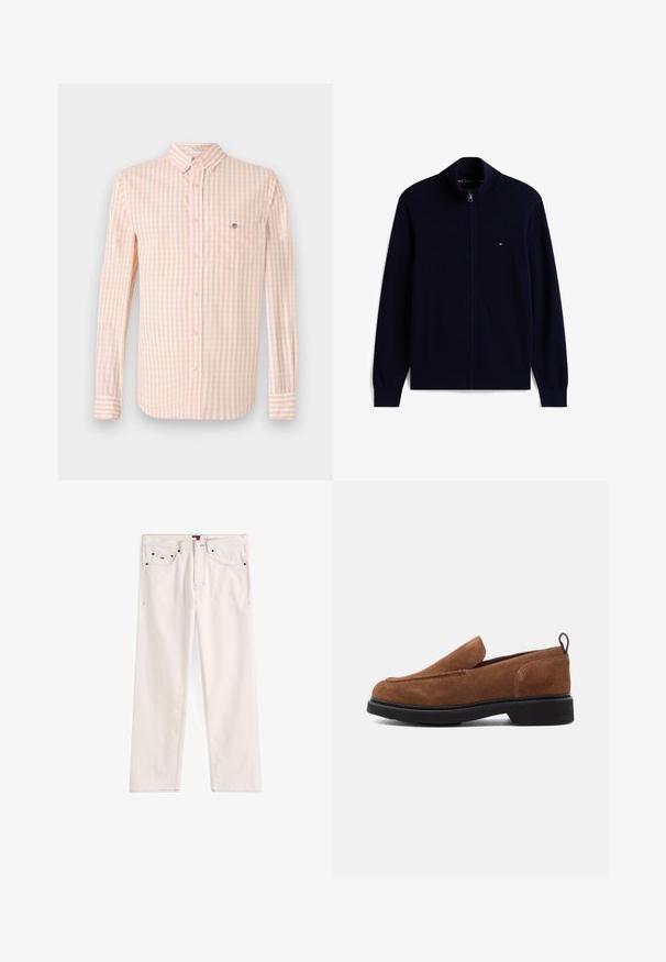 Marineblauwe trui met volledige rits, geribde kraag, manchetten en zoom, met een klein rood-wit-blauw logo op de borst.; Lichtoranje en witte geruite stoffen shirt met lange mouwen, button-down kraag en borstzak. Bevat een subtiele logo op de zak.; Beige denimjeans met een recht gesneden ontwerp, voorzien van een ritsluiting, vijf zakken en contrasterende stiksels. Merktag op de tailleband.; Bruine suede instappers met een ronde neus, zwarte rubberen zool en een kleine hak. Voorzien van decoratieve stiksels op de bovenkant.