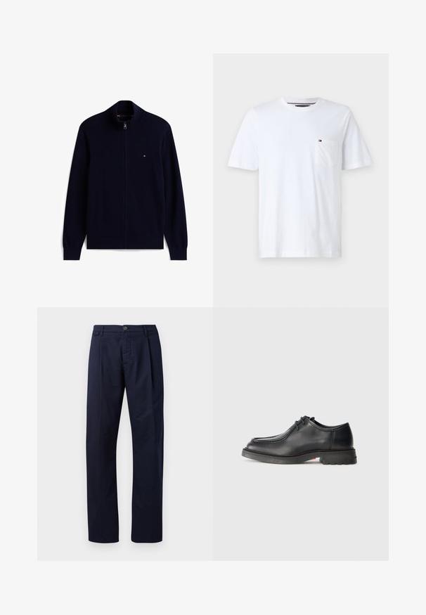 Pull bleu marine à fermeture éclair intégrale, col, poignets et ourlet côtelés, avec un petit logo rouge, blanc et bleu sur la poitrine.; T-shirt en coton blanc avec un col rond classique, des manches courtes et une poche sur la poitrine gauche ornée d'un petit logo. Texture lisse.; Pantalons bleu marine en tissu à texture lisse, avec des jambes droites, une fermeture à bouton et un pli avant unique.; Chaussure en cuir noir avec une texture lisse, bout arrondi et couture embossée peu profonde. Semelle en caoutchouc épaisse avec un léger talon et un motif antidérapant.