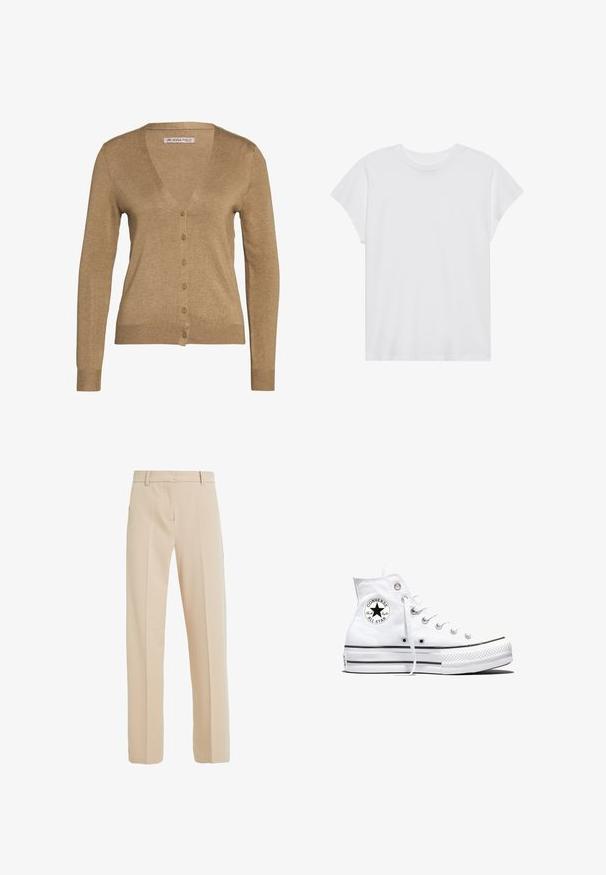 Brauner Cardigan aus weichem Stoff, mit V-Ausschnitt, langen Ärmeln und sechs Knöpfen auf der Vorderseite. Einfaches Design mit gerippten Bündchen und Saum.; Weißes kurzärmliges T-Shirt mit Rundhalsausschnitt, lockerer Passform, aus weichem Baumwollstoff. Glatte Textur, keine Muster oder Logos.; Beige maßgeschneiderte Hose aus glattem Stoff, mit geradem Beinanschnitt, seitlichen Taschen und Bügelfalten auf der Vorderseite.; Weißer Converse Chuck Taylor All Star High-Top-Sneaker mit schwarzem Logo-Patch und weißen Schnürsenkeln, dargestellt auf weißem Hintergrund.