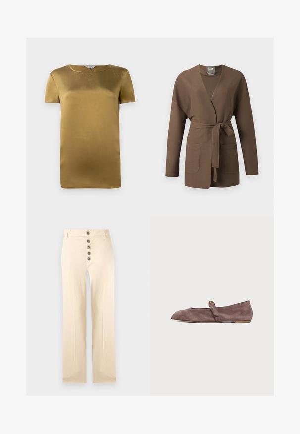 Brun ribstrikket cardigan med lange ærmer, åben foran, to lommer og et bindebælte i taljen.; Kortærmet top i olivengrønt satin med rund halsudskæring og en glat tekstur. Enkel design med lige snit og ingen udsmykninger.; Beige bukser med høj talje, fem dekorative runde brune knapper ned foran og lige, brede ben.; Brun ruskinds-Mary Jane-sko med flad hæl, spids tå og en lille guldbøjle på hvid baggrund.