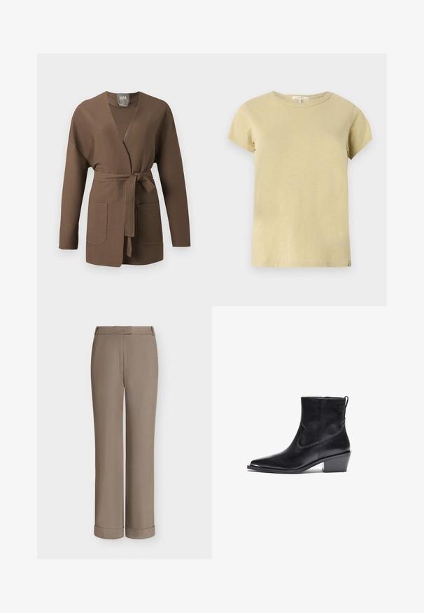 Cardigan marron en maille nervurée avec manches longues, ouverture devant, deux poches et ceinture nouée à la taille.; T-shirt en coton beige clair uni, manches courtes, col rond, avec une petite étiquette en tissu sur l'ourlet inférieur côté droit.; Pantalon habillé taupe à jambe droite avec passants pour ceinture, pli sur le devant et larges revers à l'ourlet, présenté sur fond blanc uni.; Botte de cheville en cuir noir avec un bout pointu et un petit talon carré. Présente une fermeture éclair latérale et des détails de couture minimaux pour un design épuré.