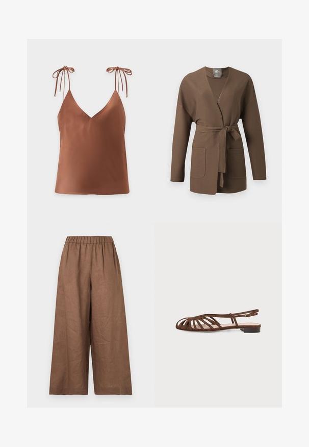 Cardigan marron en maille nervurée avec manches longues, ouverture devant, deux poches et ceinture nouée à la taille.; Top marron sans manches avec un col en V et fines bretelles nouées en nœuds sur un fond uni clair.; Pantalon marron à jambes larges avec taille élastique en tissu léger, présenté sur un fond blanc uni.; Sandale plate marron avec plusieurs fines lanières et une petite boucle à la cheville sur un fond clair.