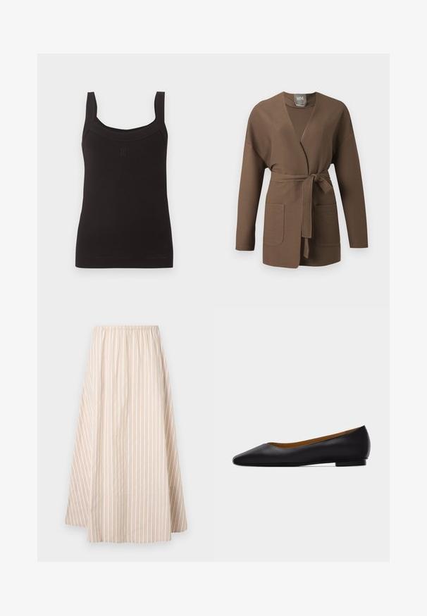 Cardigan marron en maille nervurée avec manches longues, ouverture devant, deux poches et ceinture nouée à la taille.; Débardeur noir côtelé sans manches avec encolure carrée et larges bretelles, avec un petit logo discret au centre devant.; Jupe beige en ligne A avec des rayures verticales blanches, taille élastique et longueur genou à mi-mollet.; Chaussure plate en cuir noir à bout pointu avec talon bas et finition lisse, vue de côté sur un fond gris clair.