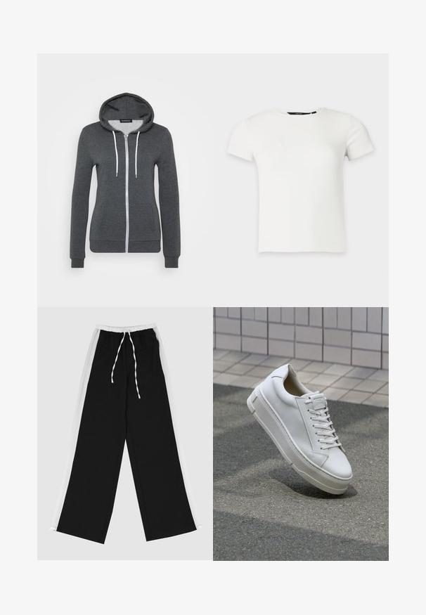 Hallitusest hall zip-up kapuutsiga, pehmest kangast, millel on valged nöörid ja kaks esist taskut. Sobivad mansetid ja ääred.; Valge lühikestevarrukatega soonikkoega t-särk ümar kaelusega, esitatud lihtsal helehallil taustal.; Mustad laiad püksid valge külgrihmapaberiga, elastne vöökoht ja kinnitusnöör. Valmistatud pehmest ja siledast kangast mugavuse jaoks.; Valge nahast toss, millel on madala sääre disain, lamedad paelad, ümar varvas ja tekstureeritud küljed. Paks kummist tald, millel on peened aktsendid.